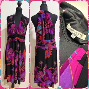 Evan Picone Vibrant Black and Purple Midi Dress